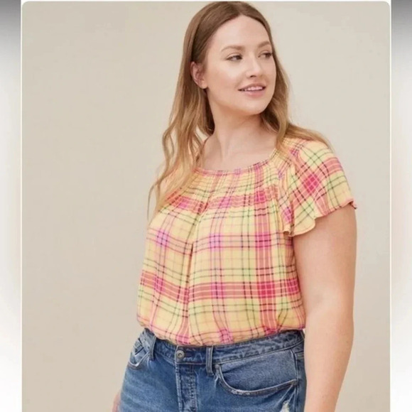 Torrid | Smocked Crew Neck Blouse Crinkle Gauze Plaid Yellow Plus Size 3X - Picture 1 of 6
